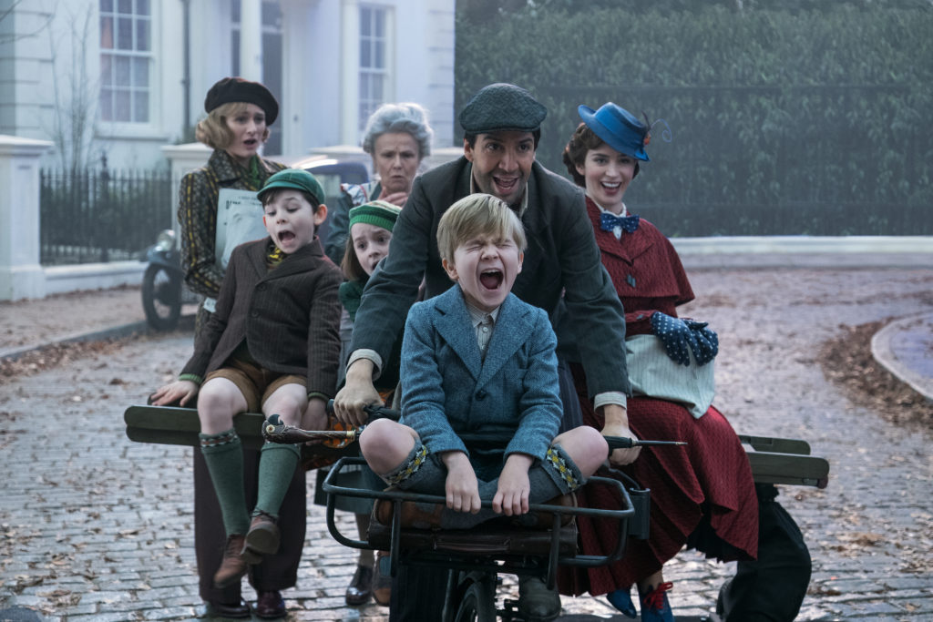 Jane (Emily Mortimer), John (Nathanael Saleh), Annabel (Pixie Davies), Ellen (Julie Walters). Jack (Lin-Manuel Miranda) Georgie (Joel Dawson) and Mary Poppins (Emily Blunt) in Disney’s original musical MARY POPPINS RETURNS, a sequel to the 1964 MARY POPPINS which takes audiences on an entirely new adventure with the practically-perfect nanny and the Banks family.